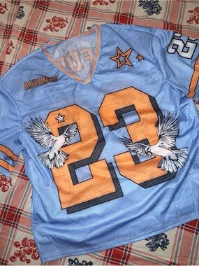 SHEIN California Light Blue & Orange Mesh Jersey Top with Dove Graphic